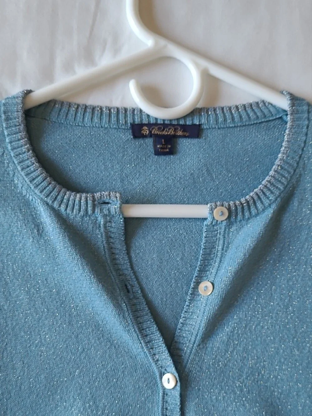 Brooks Brothers Light Blue Sparkle Button Cardigan. Sz  L. Like New Grandma Core